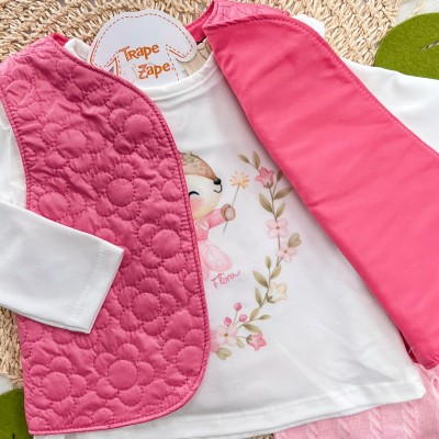 Conj. Colete Puffer Flores, Blusa Raposa Fadinha e Calça Legging - Pink e Off White